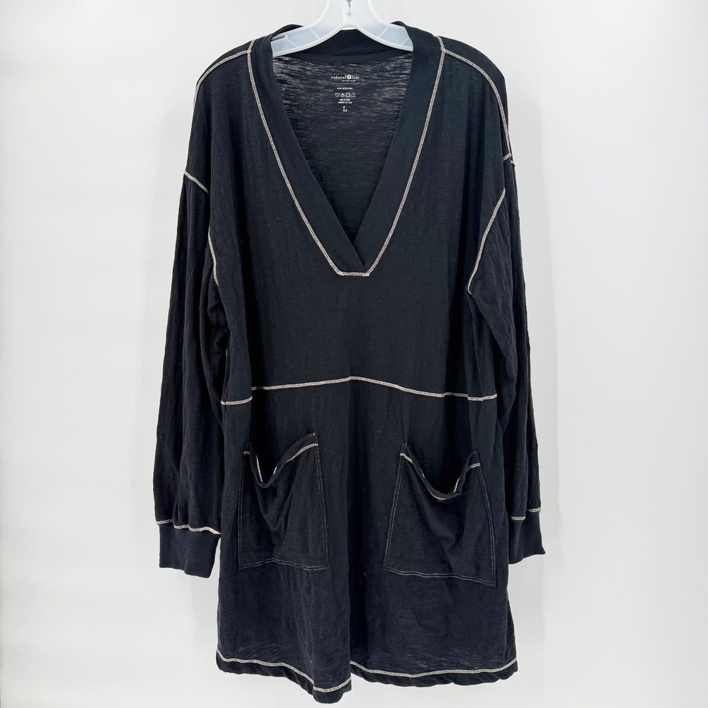 NATURAL LIFE Charlie Cotton Mini Dress Large Black Long Sleeve Boho Pockets